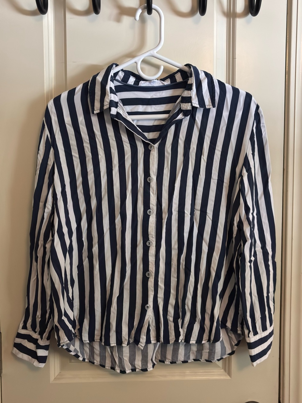 Navy and White Vertical Stripe Button-Up Shirt